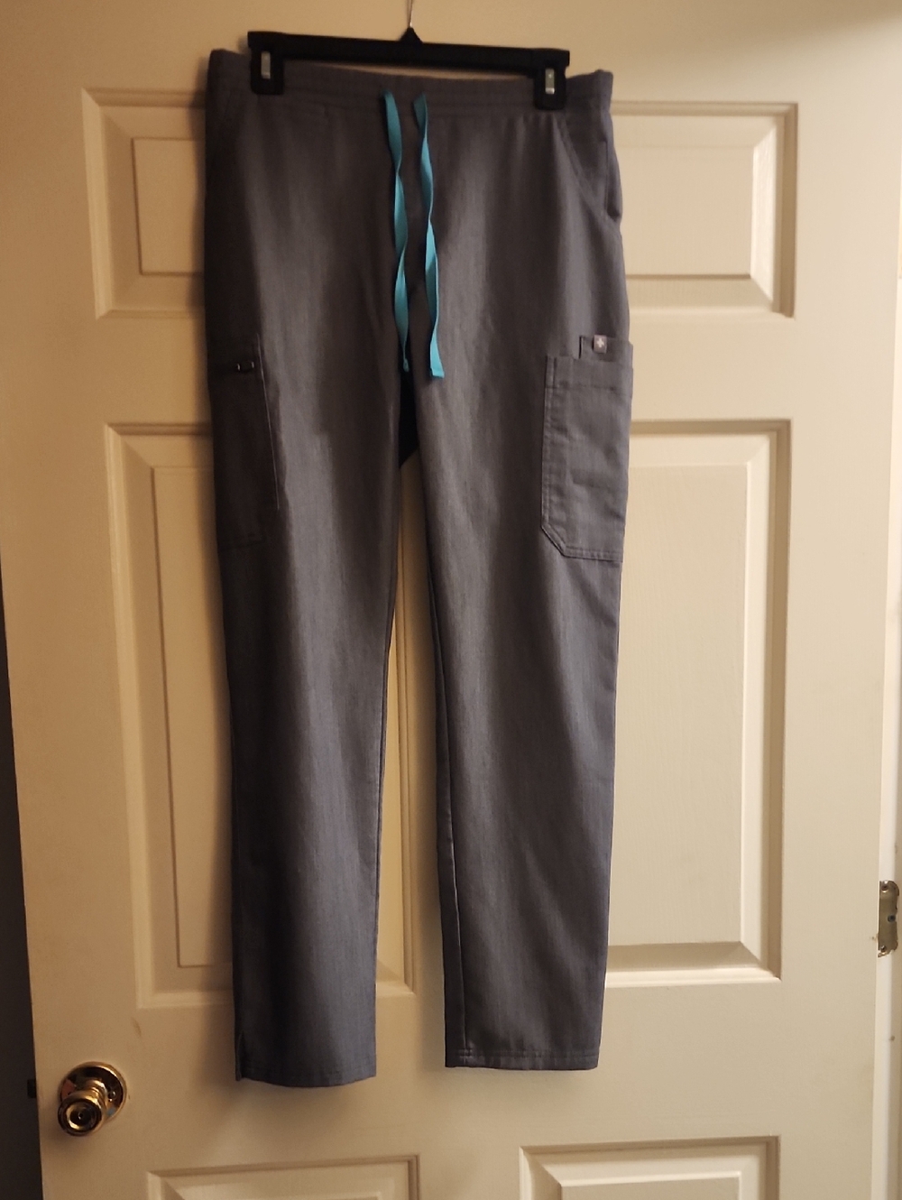 Figs Straight Leg Scrub Pants in Gray with Aqua Drawstring